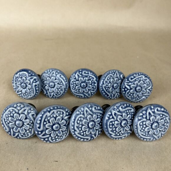 10 pcs Sky Blue Flower Retro Ceramic Cabinet Drawer Knobs And Pulls 35mm/1.38” D - Picture 1 of 6